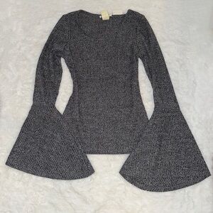 grey sweater with long bell sleeves